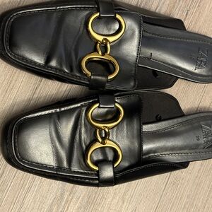 Zara Black Leather Mules with Gold Rings